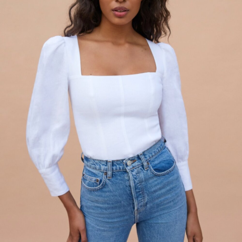 Reformation | Stilton White Linen Long Sleeve Top